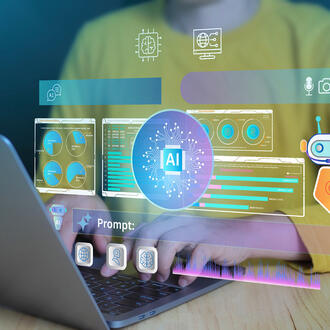 A person types on a computer with various AI screens and AI agents popping up