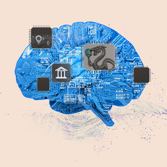 A circuit board in the shape of a brain is covered with microchips with images of a bank, gps points, and a dragon