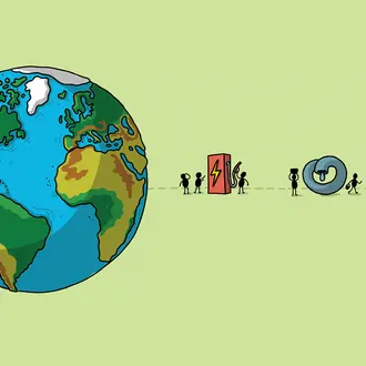 An illustration of a globe and elements of energy: wind turbine, battery, etc.