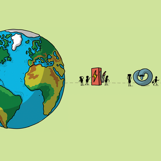 An illustration of a globe and elements of energy: wind turbine, battery, etc.