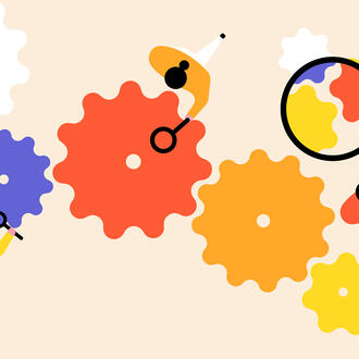 An illustration of workers examining a series of cogwheels with magnifying glasses