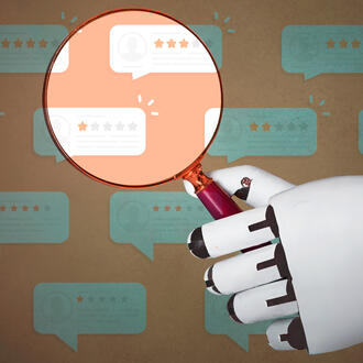 A robot holds a magnifying glass over customer reviews