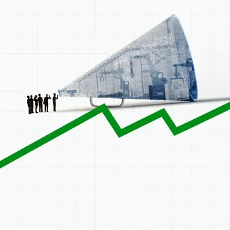 An illustration of workers talking into a megaphone on top of a line chart going up to the right