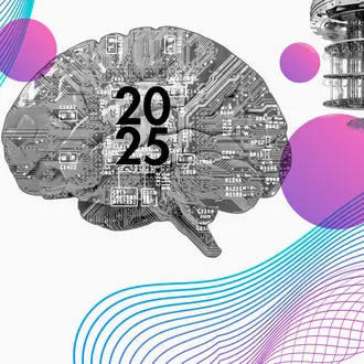 A circuit board in the shape of a brain and a quantum computer with abstract geometric shapes