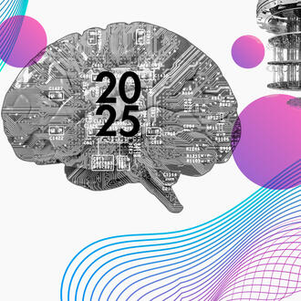 A circuit board in the shape of a brain and a quantum computer with abstract geometric shapes