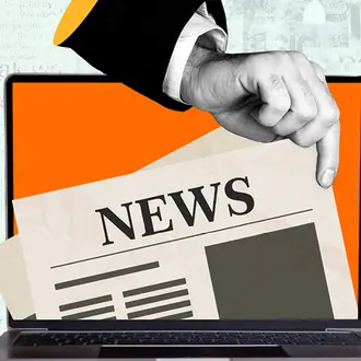 Illustration of newspaper front page being plucked out of laptop screen