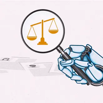 An illustration of a robot hand holding a magnifying glass with the justice scales magnified 
