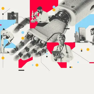 A robot hand with various professionals presented from industries ranging from healthcare, science, and manufacturing