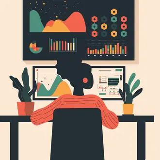 Employee working on multiple computer screens with various data and analytics