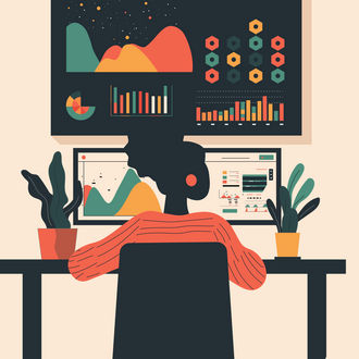 Employee working on multiple computer screens with various data and analytics