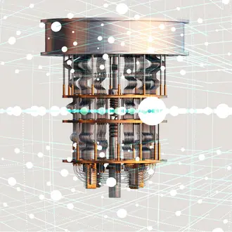A rendering of a quantum computer in an abstract environment