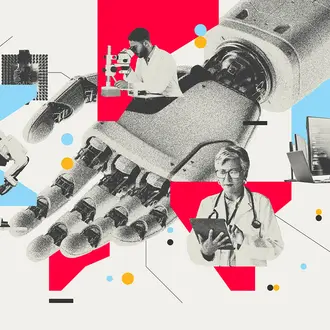 A robot hand with various professionals presented from industries ranging from healthcare, science, and manufacturing