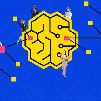 A photo illustration of business people around a brain, connecting points around an artificial intelligence network