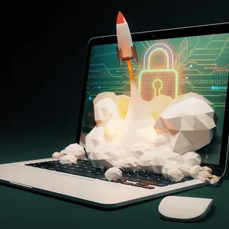 Rocket flies out of a laptop that has a cybersecurity graphic on the screen
