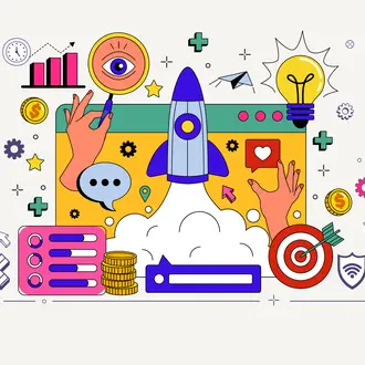 Business startup illustration featuring a rocket ship, charts, dart board, lightbulb, money, etc
