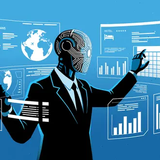 An AI agent multitasks various screens featuring charts, graphs, and travel arrangements