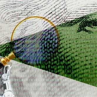 A robot hand holds a magnifying glass at a dollar bill made of binary code
