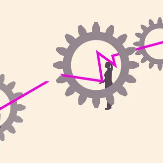 A set of cogwheels has been broken and two people try to relink it.