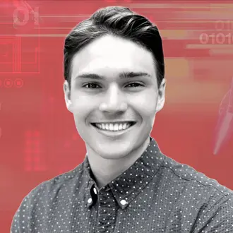Portrait of Jarrett Heflin with a digital background containing binary code and a rocket