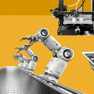 New manufacturing imagery: A robot manages an automation; a 3D printer; a worker uses a tablet with a robot arm on the screen