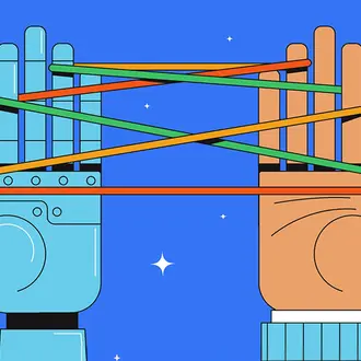 robot and human hand play cats cradle