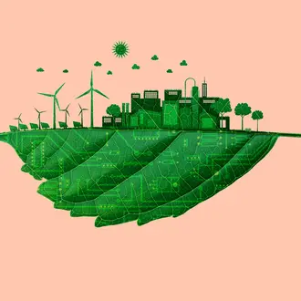 Leaf with city and windmills growing above graphic