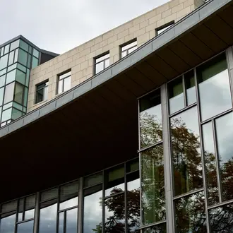 Looking up at the Memorial Drive side of the E62 exterior