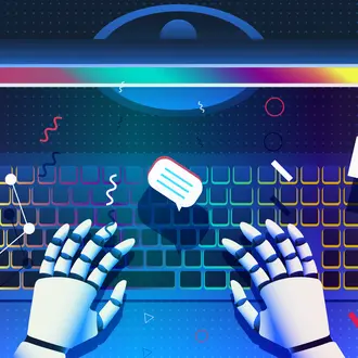 Robot hands typing on a computer