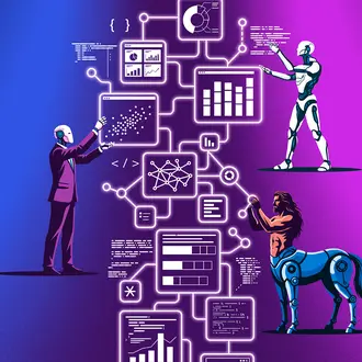 An AI agent, cyborg, and centaur manipulate data in an algorithm