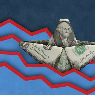 A dollar bill paper boat floats amid turbulent waters