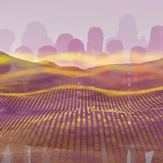 silhouettes of people underneath an algorithmic desert graphic