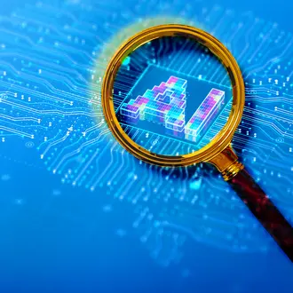 A magnifying glass views the letters "AI" and a circuit board