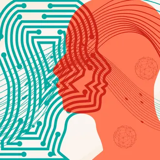 Side view silhouettes of the head of a man and robot.