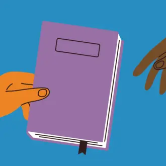 Illustration of one person handing a book to another person.