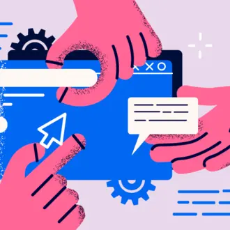 Illustration of hands manipulating widgets on a screen