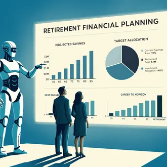 A robot shows retirement financial planning graphics on a screen to two people