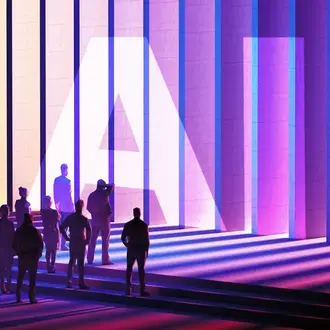A group of business people look at a wall made up of panels with the letters "AI" on it