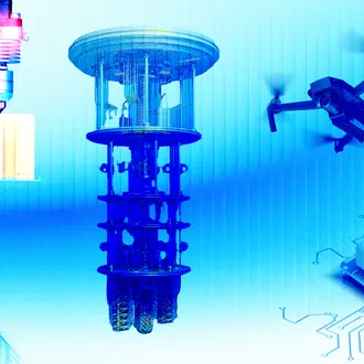 Various technologies including a quantum computer, a 3D printer, a drone, a microchip, and a manufacturing robot arm