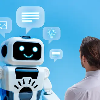 A person talks to a robot with many speech bubbles