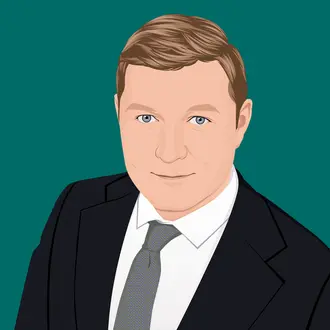 Illustration of man in suit in front of dark green background