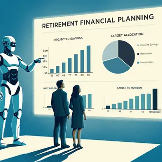 A robot shows retirement financial planning graphics on a screen to two people