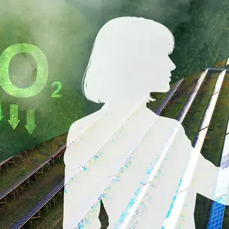 A person looks at a lightbulb, while half of the background is covered in solar and the other half is trees with the symbol of CO2 emissions decreasing