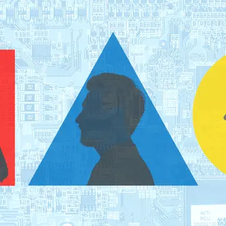 Silhouettes of three people appear on a circuit board background