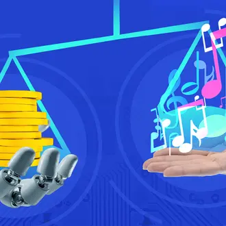 A robot holding coins and a human holding music notes balance out a scale