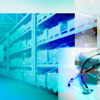 A collage of a warehouse, person using a computer keyboard with vital signs superimposed, and a stack of papers with stethoscope