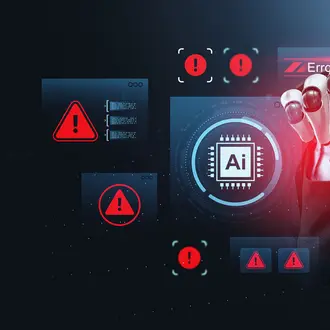 Robotic hand interacts with AI interface surrounded by digital error alerts, glowing holograms and warning icons on a dark futuristic background