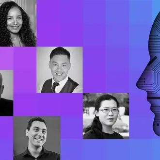 AI circuit board imagery with MIT AI experts: Renée Richardson Gosline, Neil Thompson, Sinan Aral, Eric So, Peyman Shahidi, and Zezhen (Dawn) He