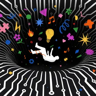 A person and various colorful symbols (lightbulb, fire, puzzle pieces, etc.) fall into a dark hole in a circuit board vortex