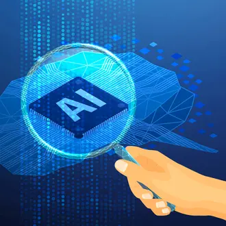 A person holds a magnifying glass up to AI imagery