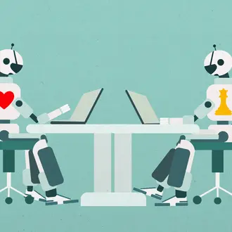 Two robots do work across from each other; one wears a heart and the other wears a queen chess piece